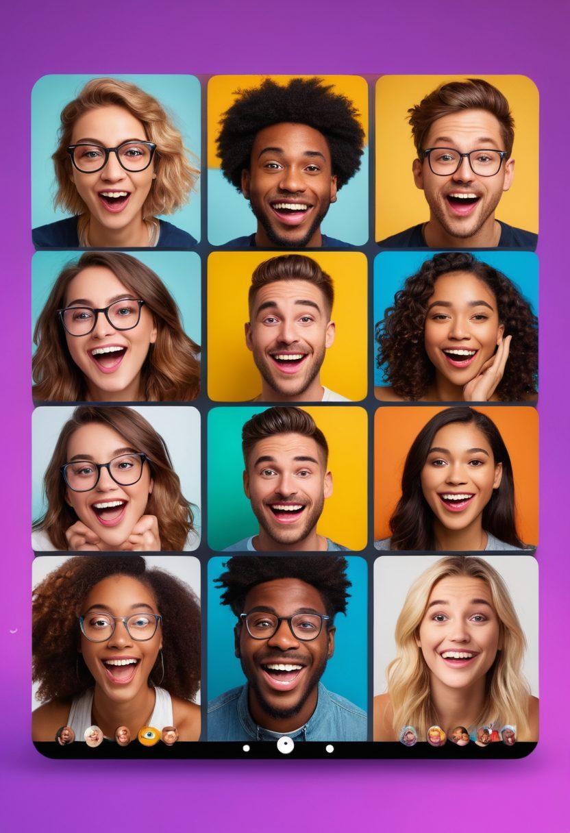 A dynamic scene featuring a diverse group of individuals engaging in an interactive live streaming session. Show vibrant webcam screens with playful emojis and chat bubbles floating around. Include elements of intimacy and connection, with cozy lighting that creates an inviting atmosphere. Capture expressions of excitement and engagement, reflecting the thrill of adult live streaming. vibrant colors. super-realistic.