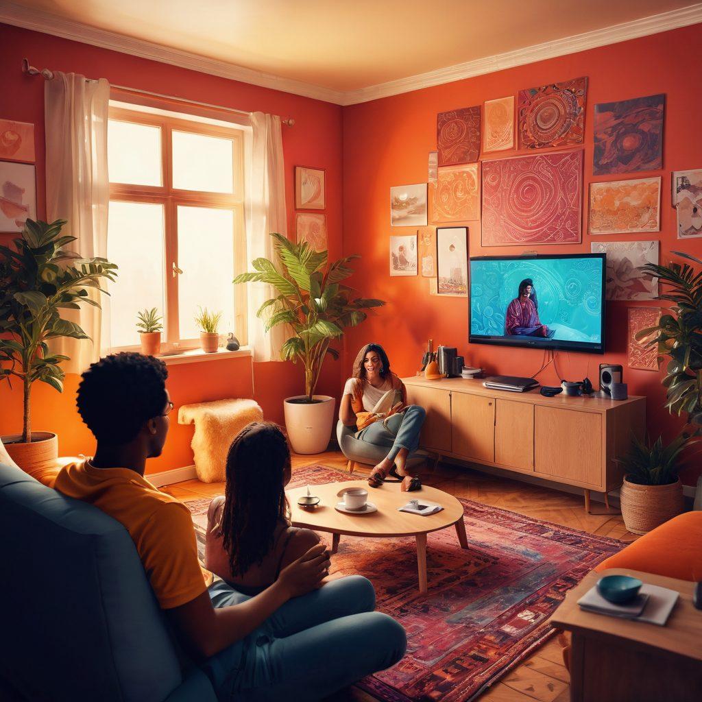 A cozy, modern online chatroom scene featuring diverse individuals in intimate and engaging conversations, illuminated by soft, warm light. Include elements that symbolize intimacy like close-up faces with expressive emotions, and a stylish webcam setup in the foreground. The background should suggest a virtual world with abstract patterns and symbols of connection and exploration. The color palette should be rich and inviting, emphasizing warmth and allure. digital art. vibrant colors. cozy atmosphere.